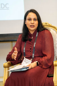 Delphina Rodrigues speaks at the IADC Drilling Middle East 2023 Conference in Saudi Arabia